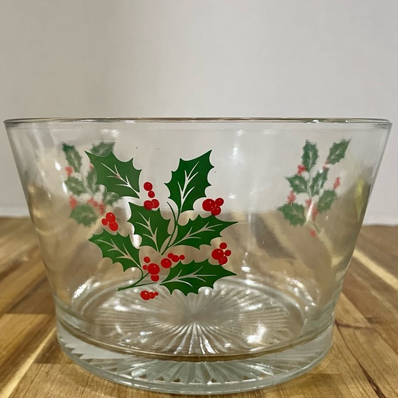 VTG Indiana Glass Holly Berry Ice Bucket Serving Round Bowl Crystal Christmas - Picture 2 of 8